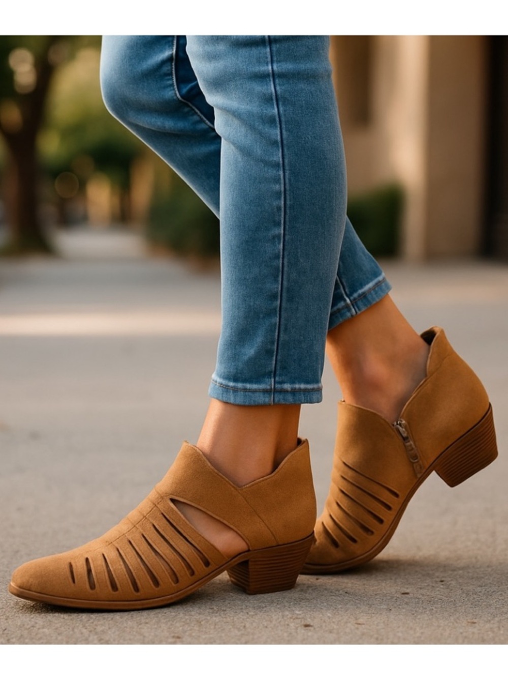 1. State tan suede ankle booties